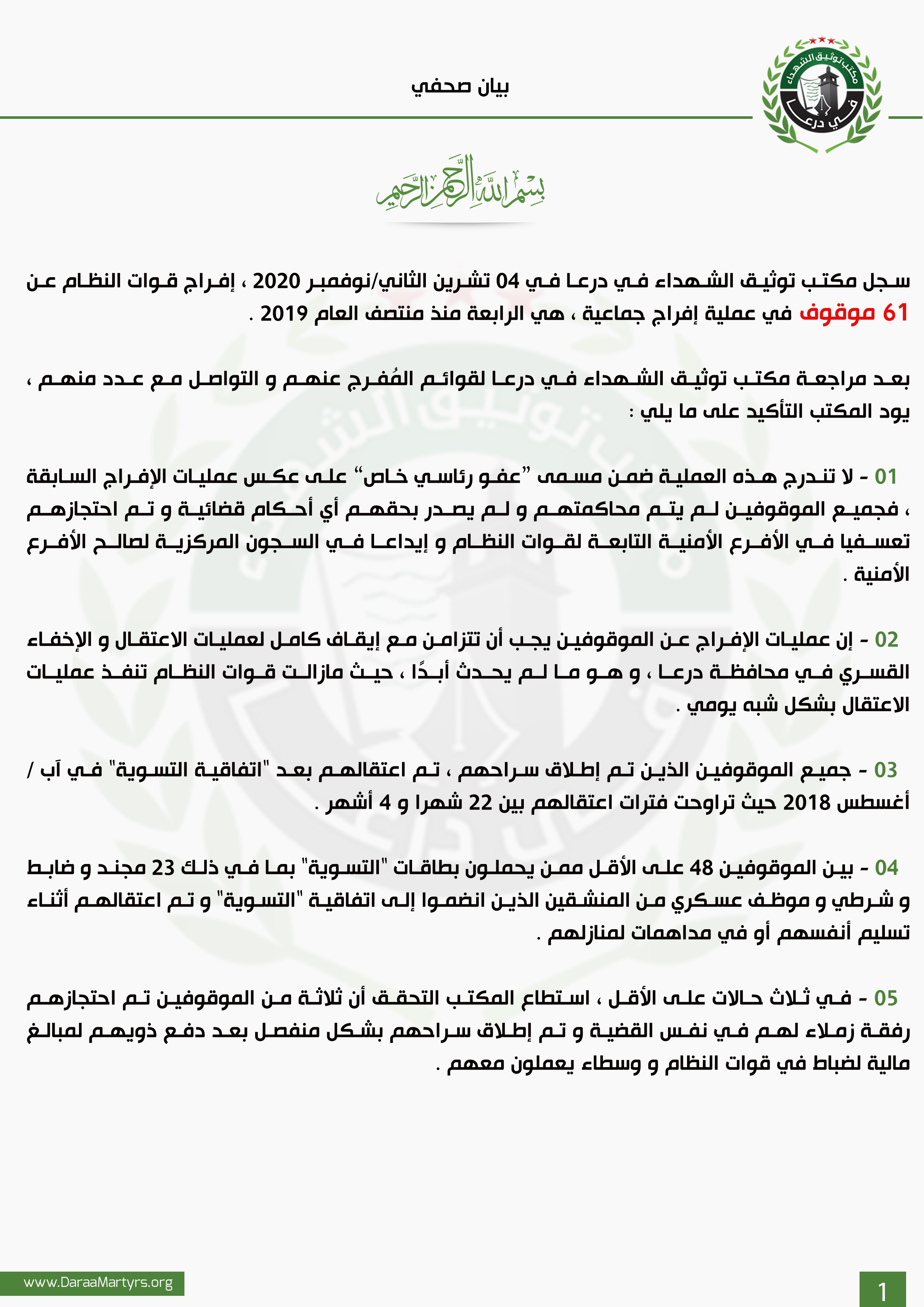 بيان صحفي – توضيح حول إفراج قوات النظام عن عدد من الموقوفين – مكتب توثيق  الشهداء في درعا | Daraa Martyrs Documentation Office